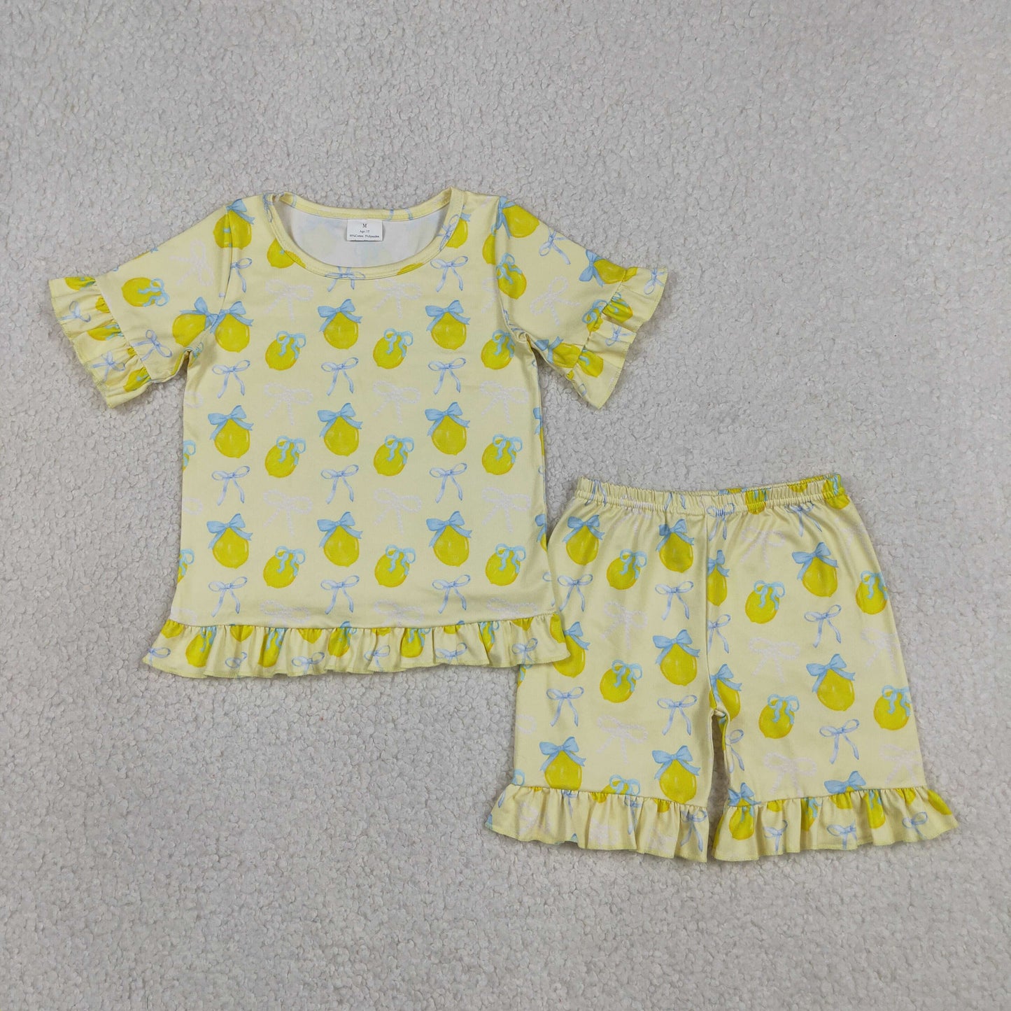 Baby Girls Kids Short Sleeves Lemons Bows Yellow Shirt Shorts Summer Clothes Set RTS
