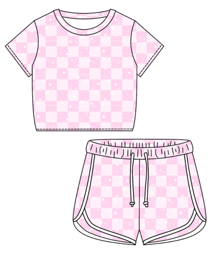 Baby Girl Short Sleeves Pink Checkered Shirt Shorts Clothes Set Moq 5