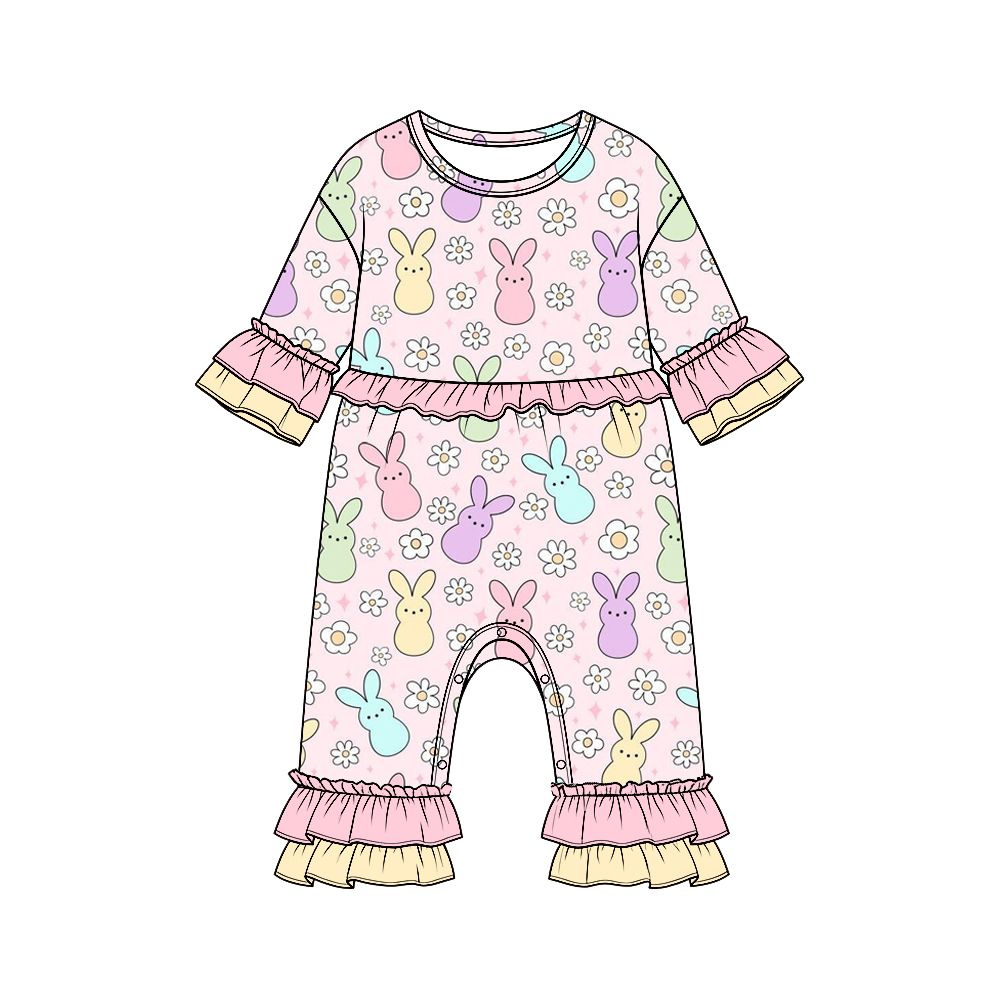 ( Moq 5 ) Preorder Baby Girls Infant Long Sleeves Rabbits Flower Easter Ruffle Romper Clothes