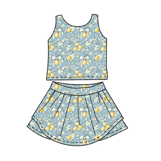 ( Moq 5 ) Preorder Baby Girls Kids Sleeveless Lemons Tops Skirt Shorts Yoga Active Set Clothes
