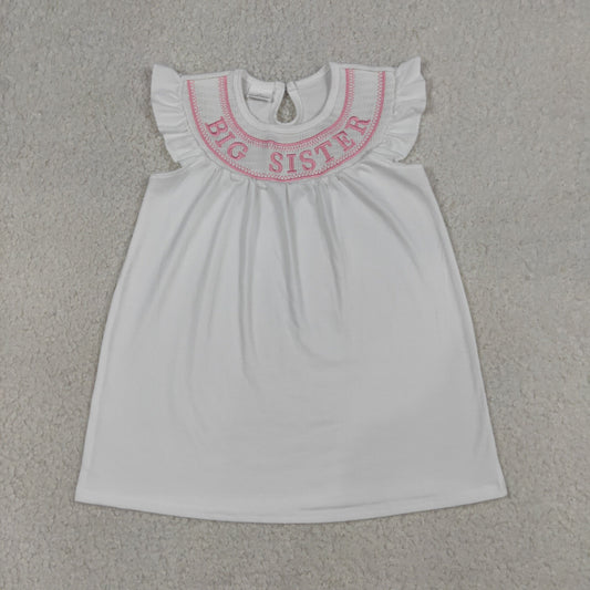 Baby Girls Short Sleeves Embroidery Smocked Big Sister Cotton Knee Length Dress RTS