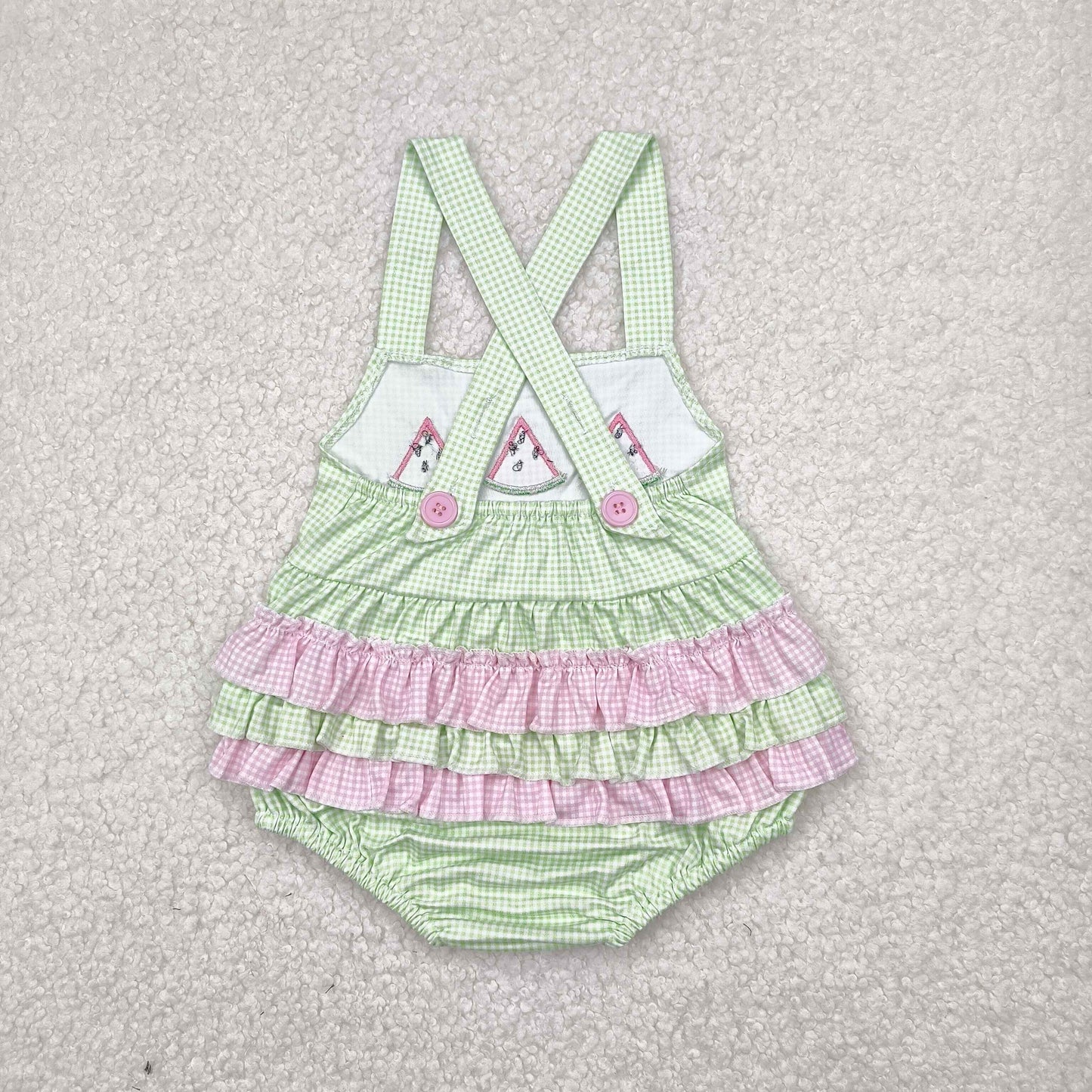 Baby Girl Infant Straps Embroidery Watermelon Green Checked Romper RTS