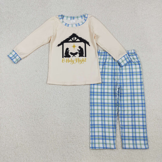 Baby Boy Long Sleeves Jesus Nativity Shirt Blue Plaid Pants Set RTS
