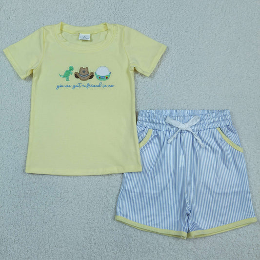 Baby Boys Yellow Short Sleeves Embroidery Hats Shirt Stripes Pockets Shorts Set Clothes RTS
