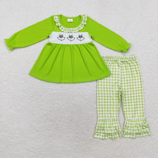 Baby Girl Christmas Green Face Tunic Ruffle Pants Clothes Set