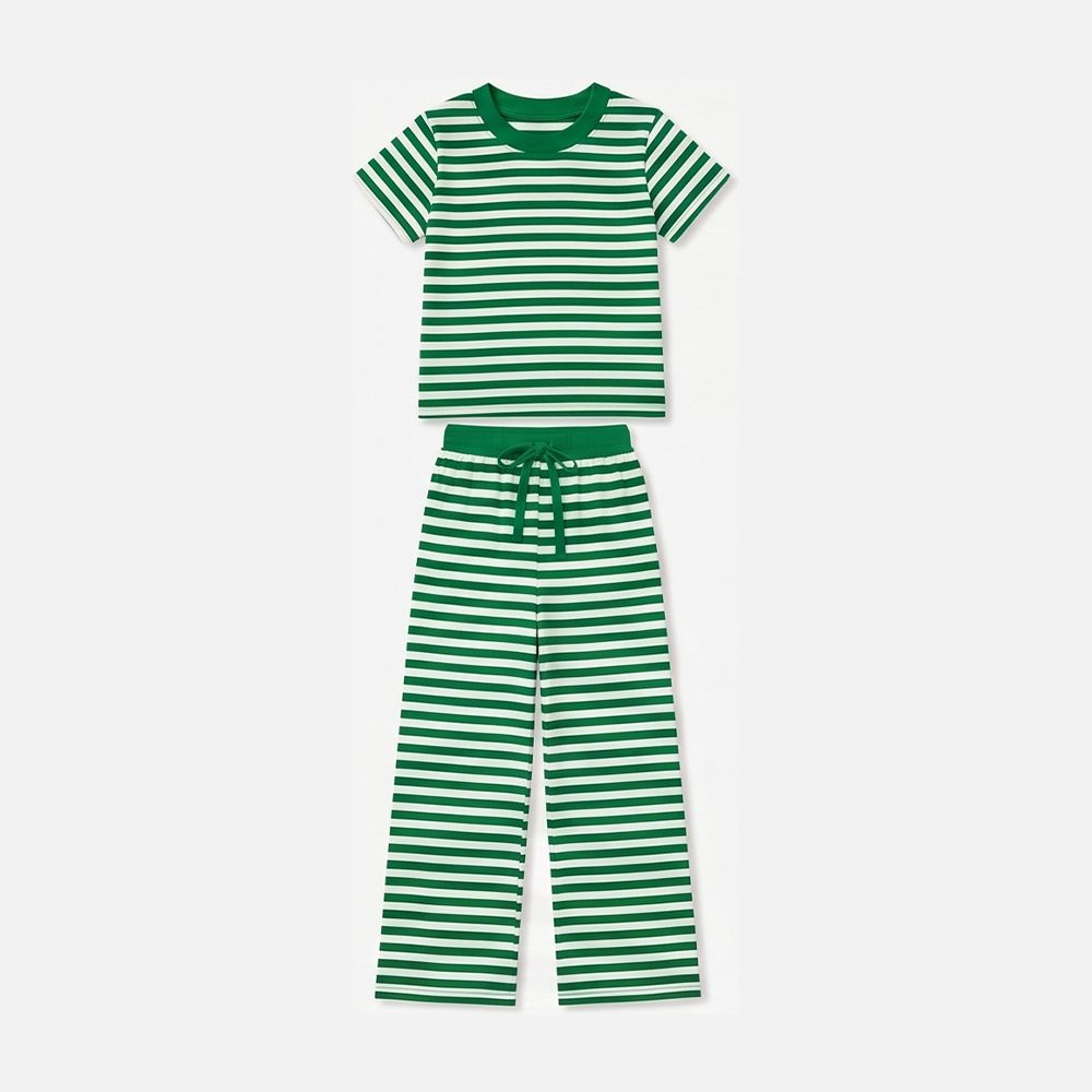 ( Moq 5 ) Preorder Baby Girls Kids Short Sleeves Green Stripes Shirt Pants Pajamas Set Clothes