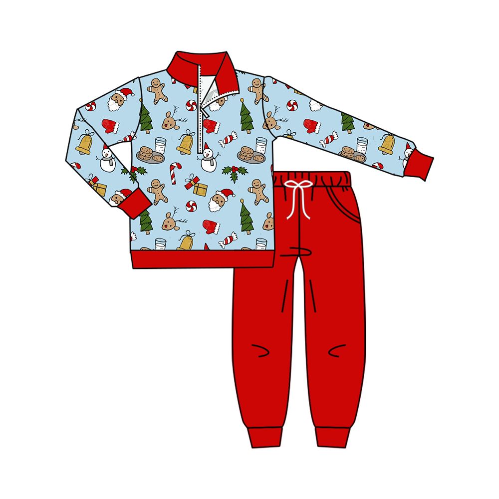 ( Moq 5 ) Preorder Baby Boy Kids Long Sleeves Gingerbread Zipper Shirt Red Pockets Pants Christmas Set Clothes