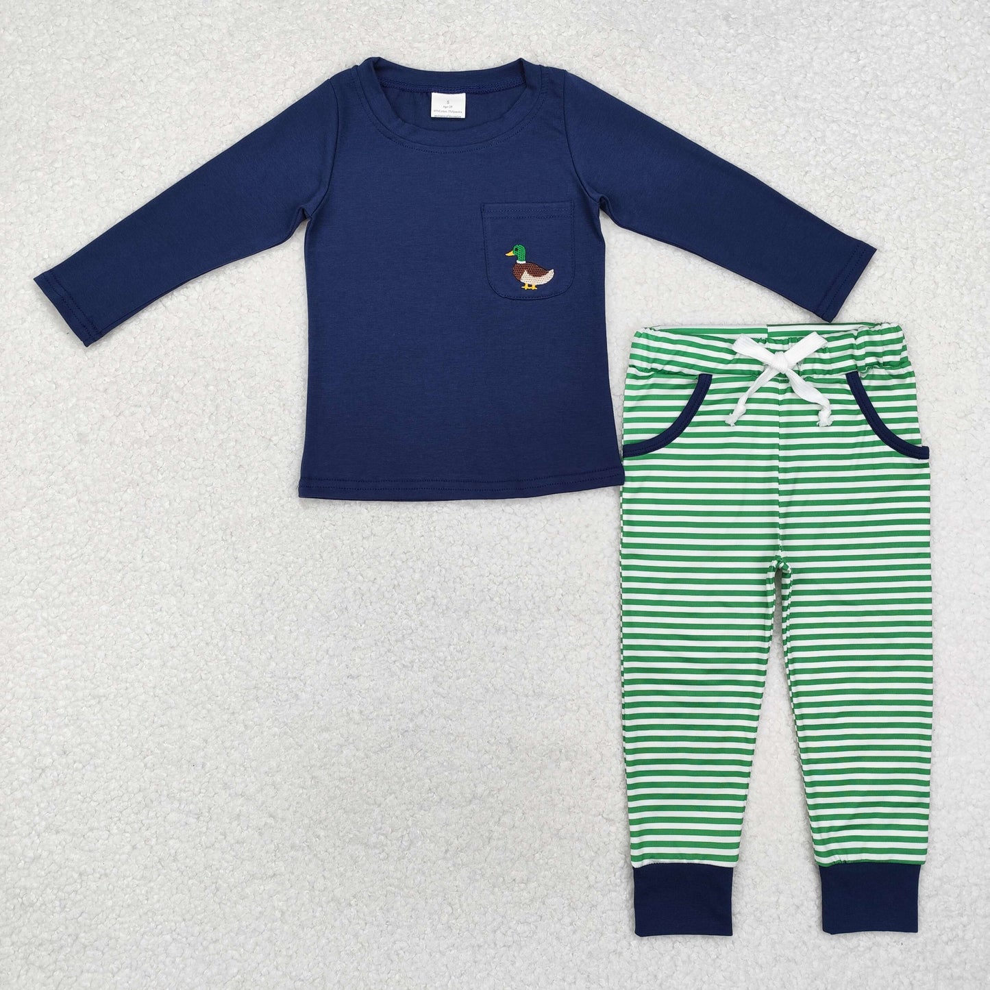 Baby Boy Long Sleeves Embroidery Duck Navy Shirt Pocket Stripes Pants Set