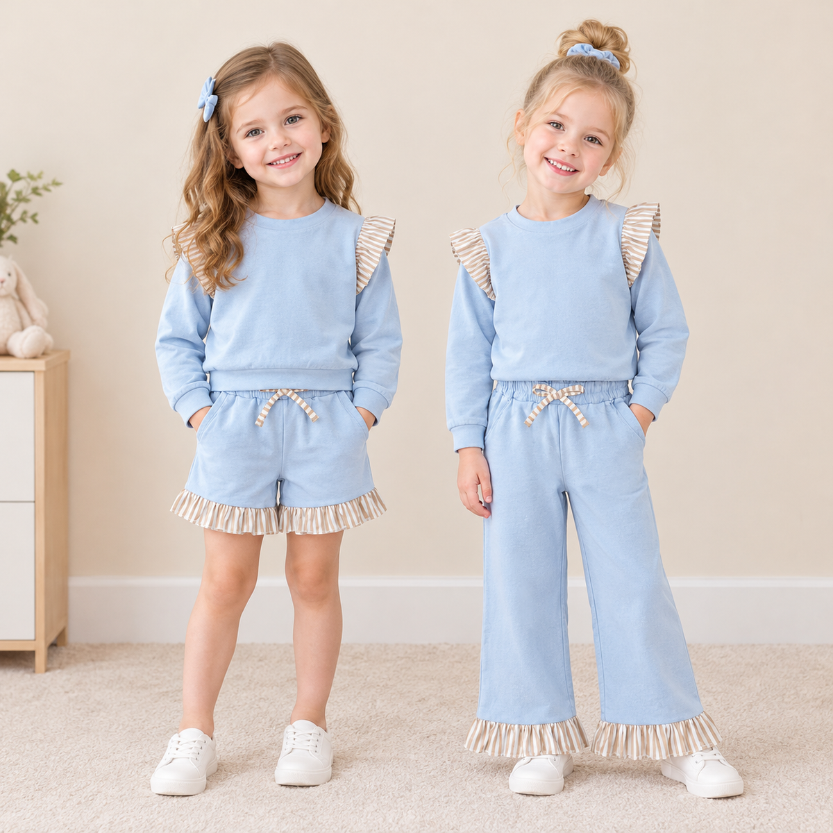 Sibling Baby Girls Kids Long Sleeves Shirts Pockets Shorts Pants Cotton Blue Sets Clothes RTS