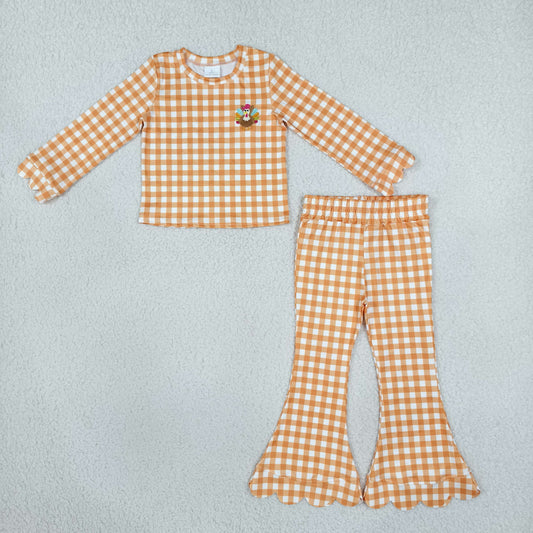 Baby Girls Kids Embroidery turkey Scallop Tops Orange Plaid Pants Thanksgiving Set RTS