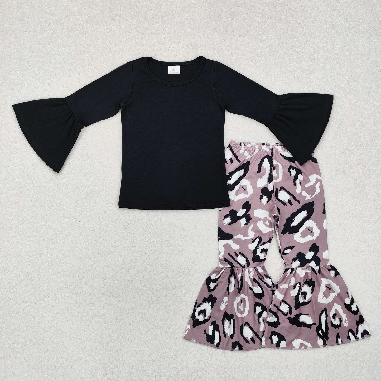 Baby Girl Long Sleeves Black Tops Leopard Bell Pants Clothes Set