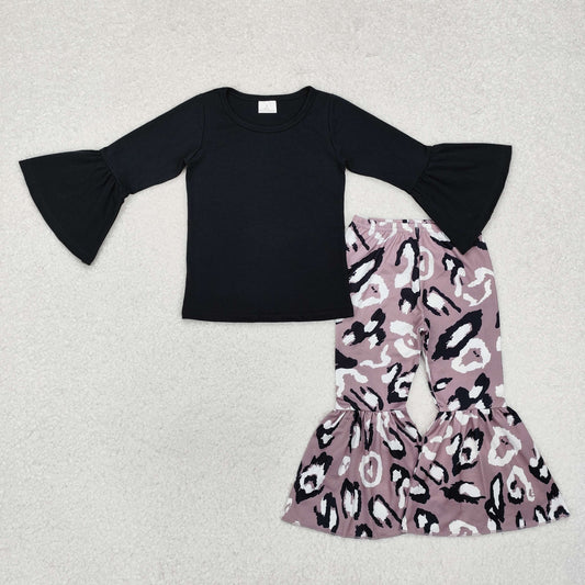 Baby Girl Long Sleeves Black Tops Leopard Bell Pants Clothes Set