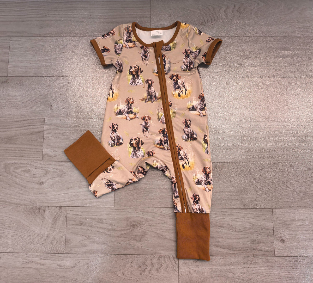 ( No moq ) Preorder Baby Boy Infant Short Sleeves Dog Hunting Zipper Romper