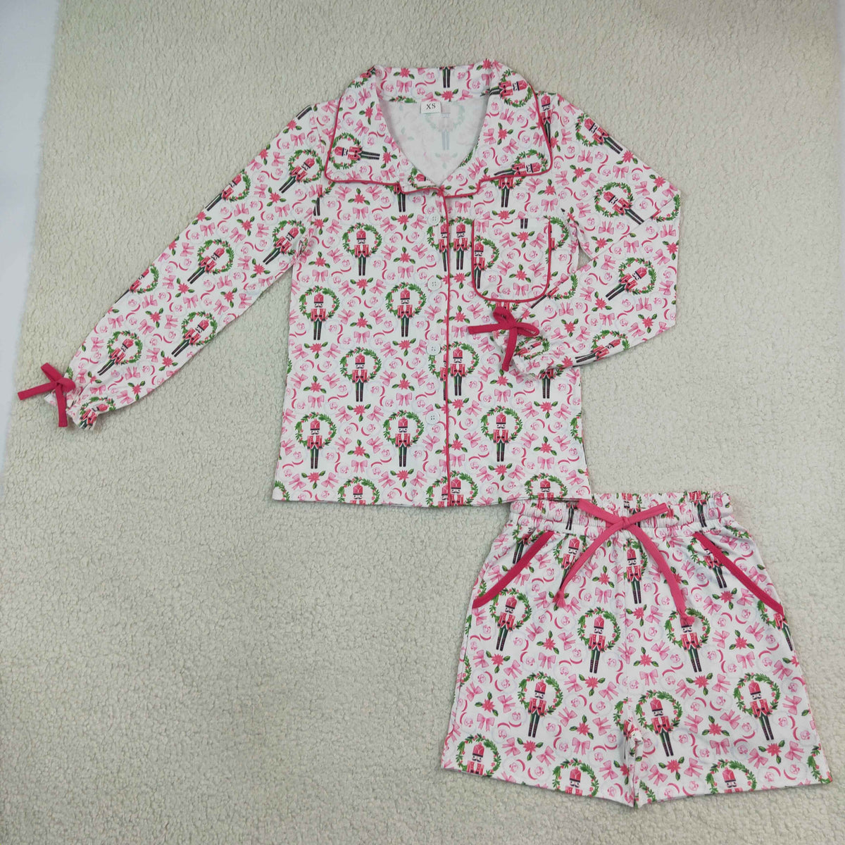 Adult Women Long Sleeves Christmas Soldier Bows Flower Buttons Tops Shorts Pajamas Pink Set RTS