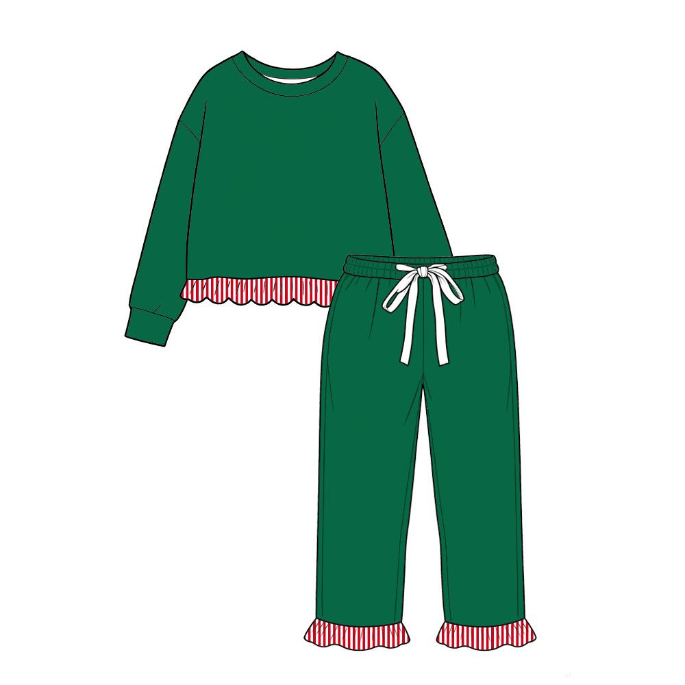 ( Moq 5 ) Preorder Baby Girls Kids Long Sleeves Shirt Ruffle Pants Green Set Christmas Clothes