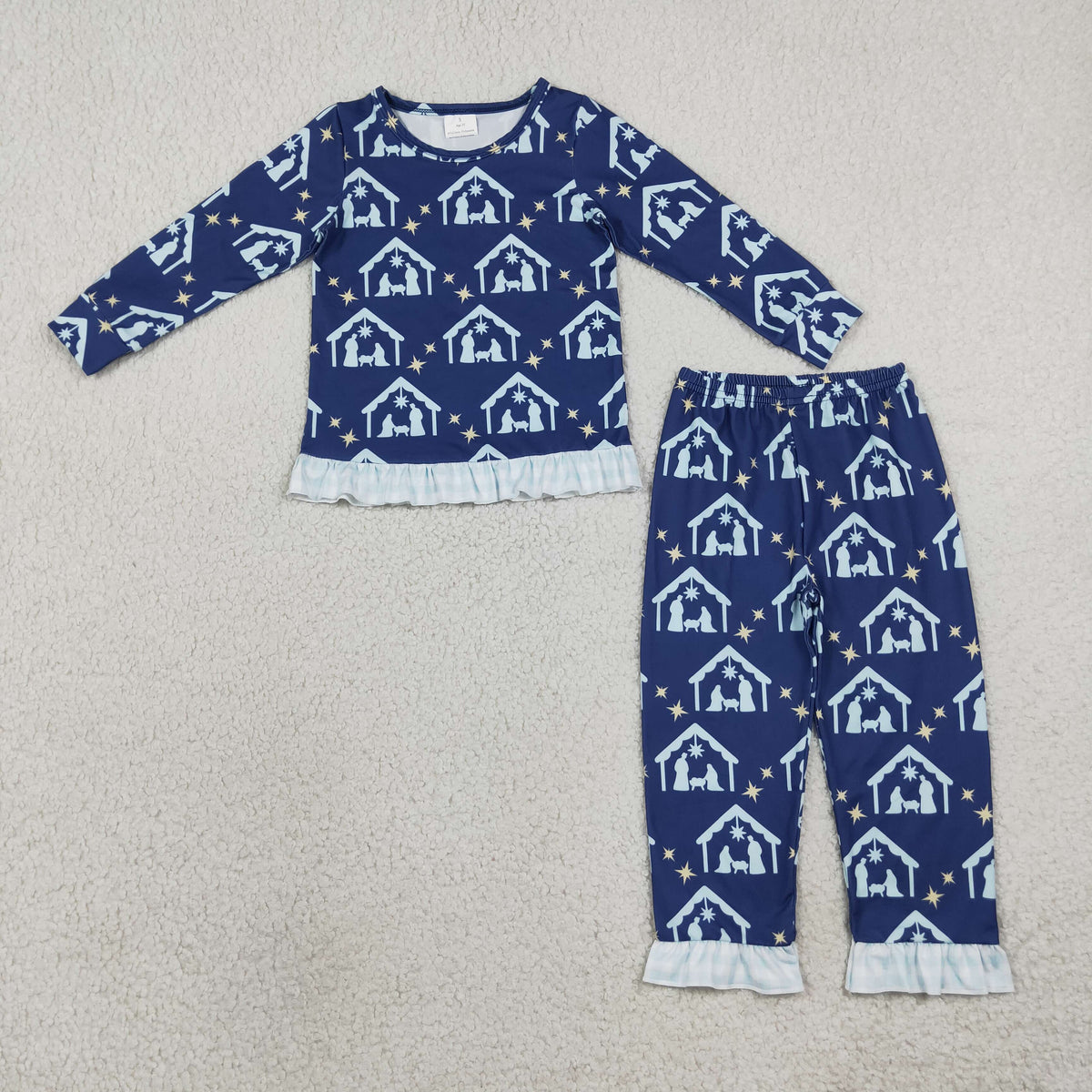 Baby Girls Kids Nativity Blue Ruffle Shirt Pants Set Christmas Pajamas Clothes RTS