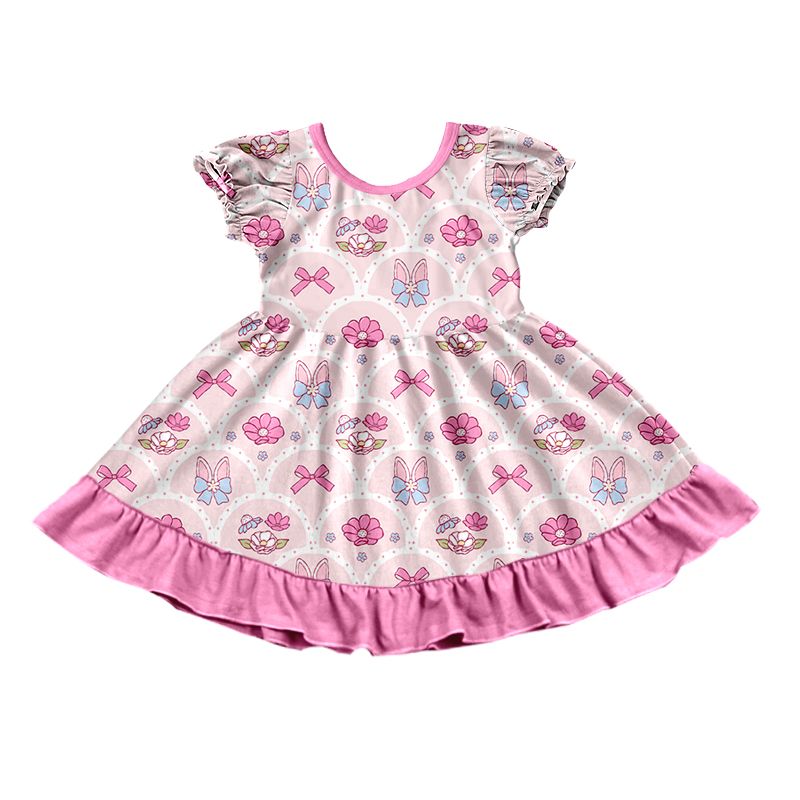 ( Moq 5 ) Preorder Baby Girls Kids Short Sleeves Rabbits Bows Flower Easter Knee Length Dress Clothes