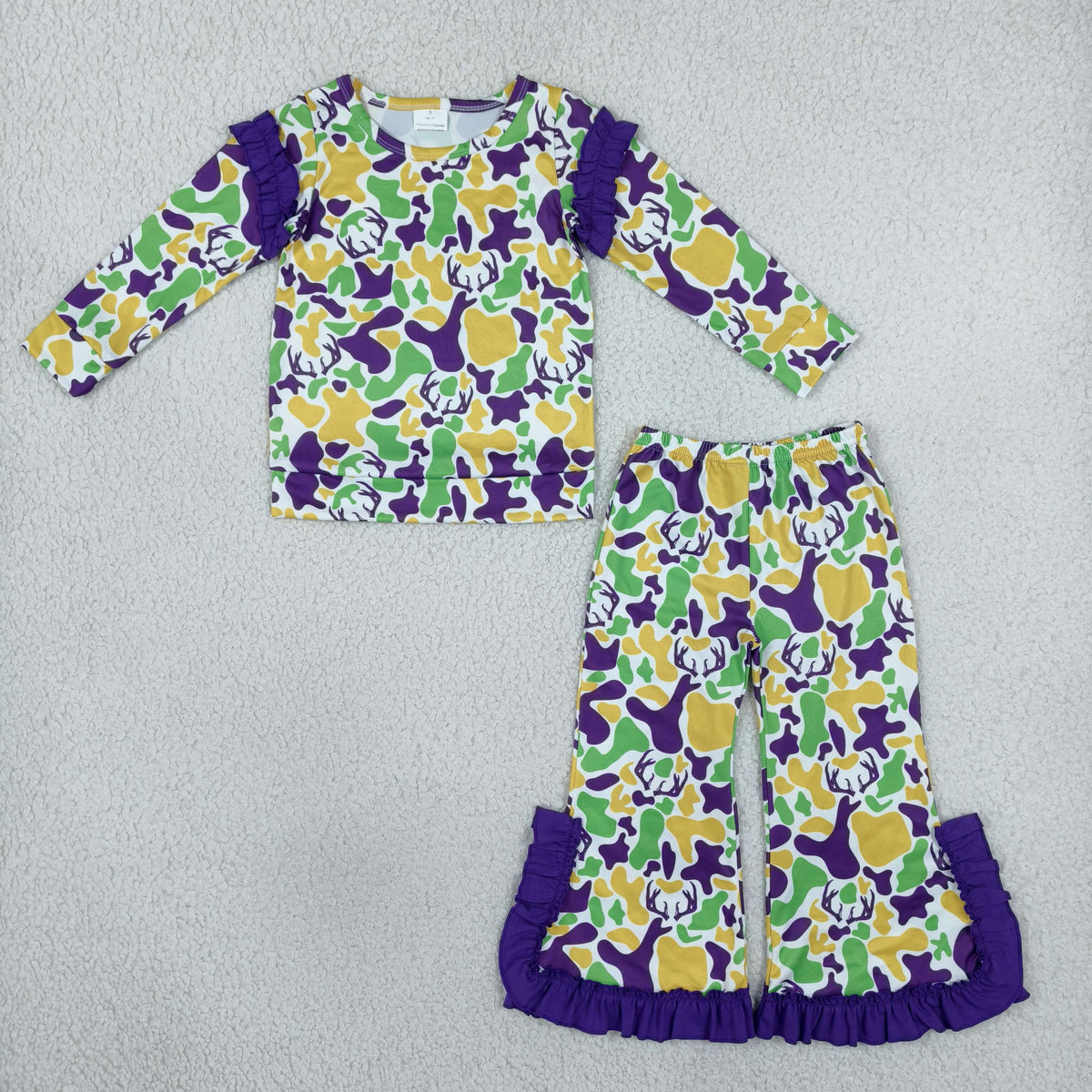 Baby Girls Kids Long Sleeves Deer Camo Shirt Bows Pants Set Mardi Gras Clothes RTS