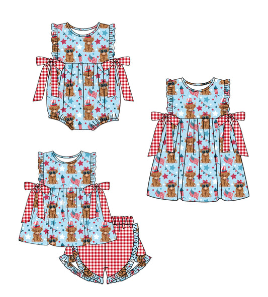 ( Moq 5 Each Style ) Baby Girls Kids Cow Flags Bows Sibling 4th of July Romper Dress Set