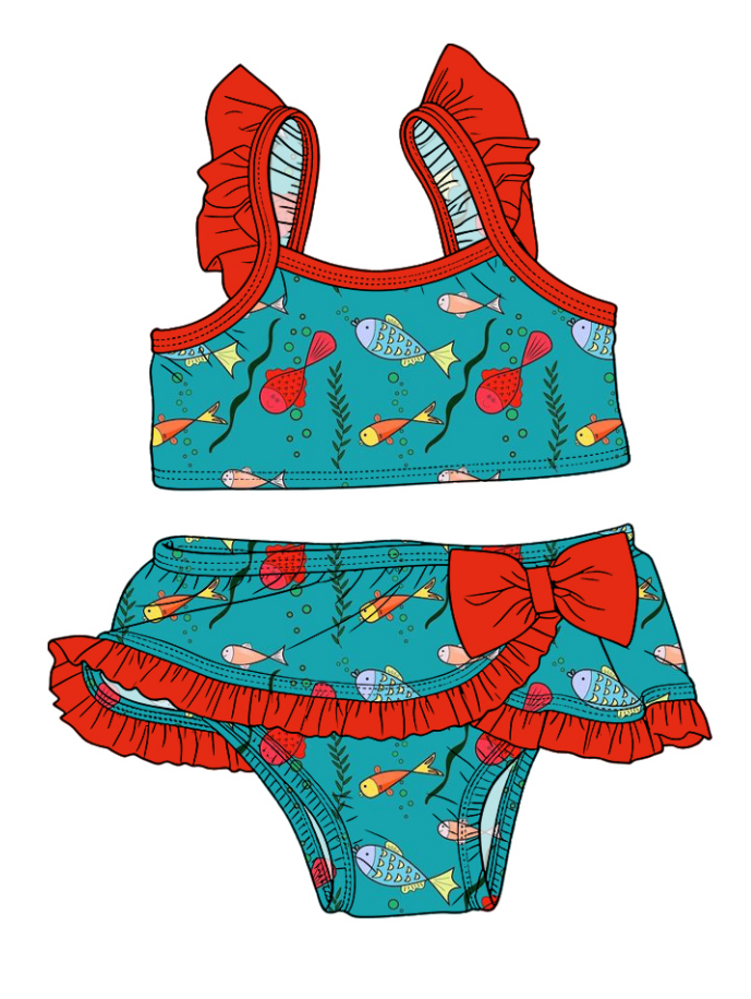 ( Moq 5 Each Style ) Sibling Baby Girls Kids Fish Tops Ruffle Shorts Red Bows Sets Summer Swimsuits
