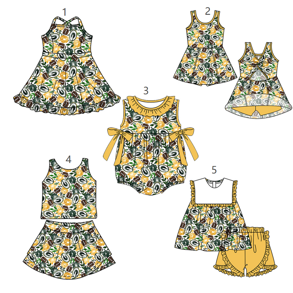 ( Moq 5 Each Style ) Baby Girls Kids Sleeveless Football Flower Yellow Bows Sibling Romper Dresses Sets