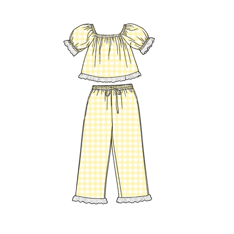( Moq 5 ) Preorder Baby Girls Kids Short Sleeves Yellow Plaid Lace Tops Pants Clothes Set