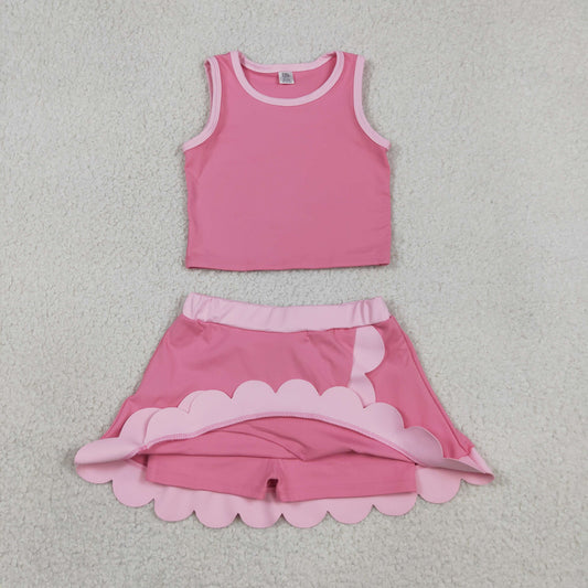 Baby Girls Kids Shirt Scallop Skirt Shorts Yoga Active Pink Set Clothes RTS