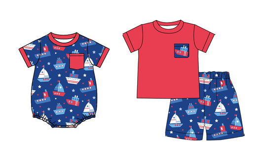 ( Moq 5 Each Style ) Baby Boys Kids Boats Stars Shirt Shorts Sibling 4th of July Set Romper