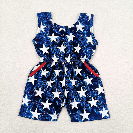 Promotion July 4th Baby Girl Sleeveless Stars Pocket Blue One-piece Jumpsuit