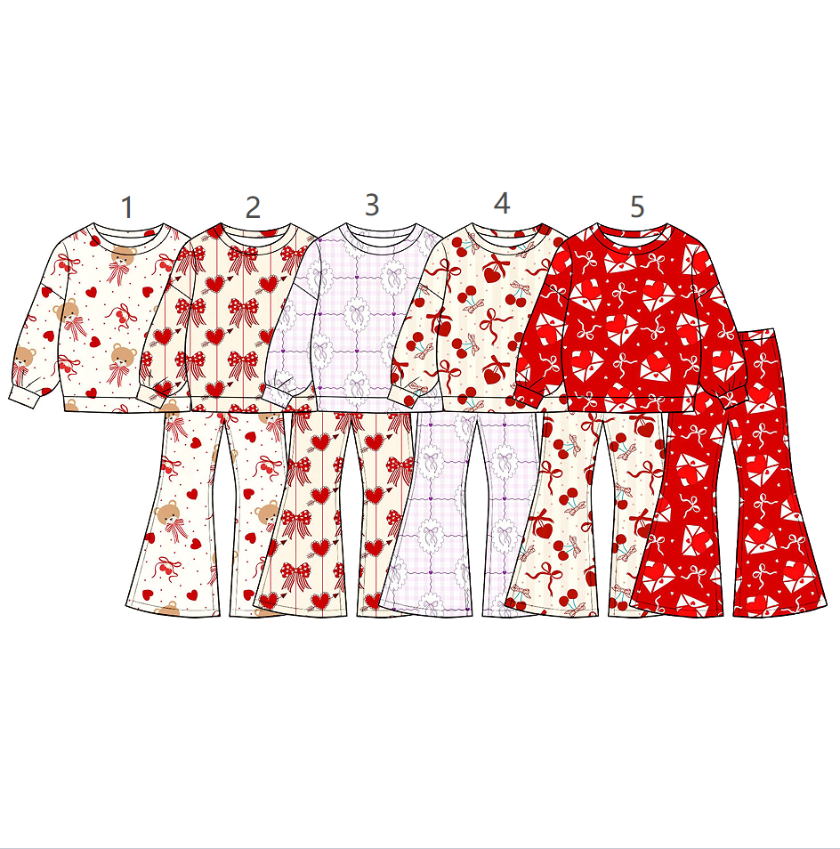 ( Moq 5 Each Style ) Sibling Baby Girls Kids Long Sleeves Valentine Hearts Shirts Bell Pants Sibling Sets Clothes