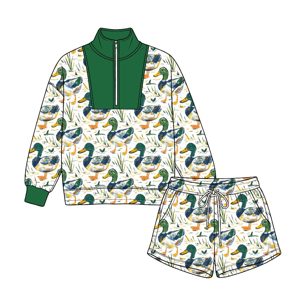 ( Moq 5 ) Preorder Baby Boys Kids Ducks Zipper Green Pullover Pockets Shorts Set Clothes