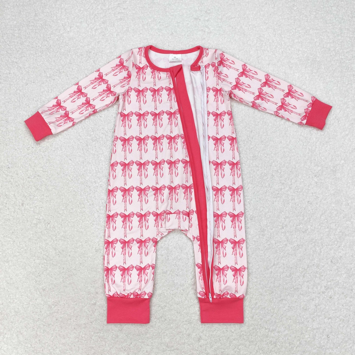 RTS Baby Girl Pink Bows Zipper Long Sleeves Christmas Romper