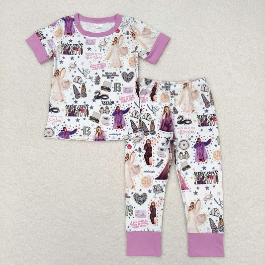 Baby Girl Short Sleeves Singer Shirt Pants Pajamas Purple Set