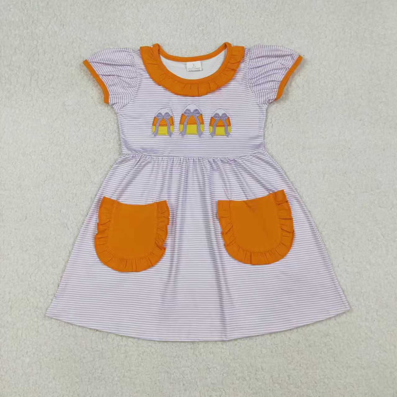 Sibling Girls Kids Short Sleeves Embroidery Candy Corn Bows Purple Stripes Halloween Romper Dress RTS