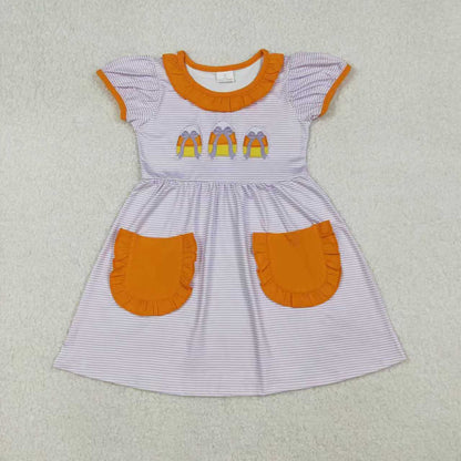 Sibling Girls Kids Short Sleeves Embroidery Candy Corn Bows Purple Stripes Halloween Romper Dress RTS