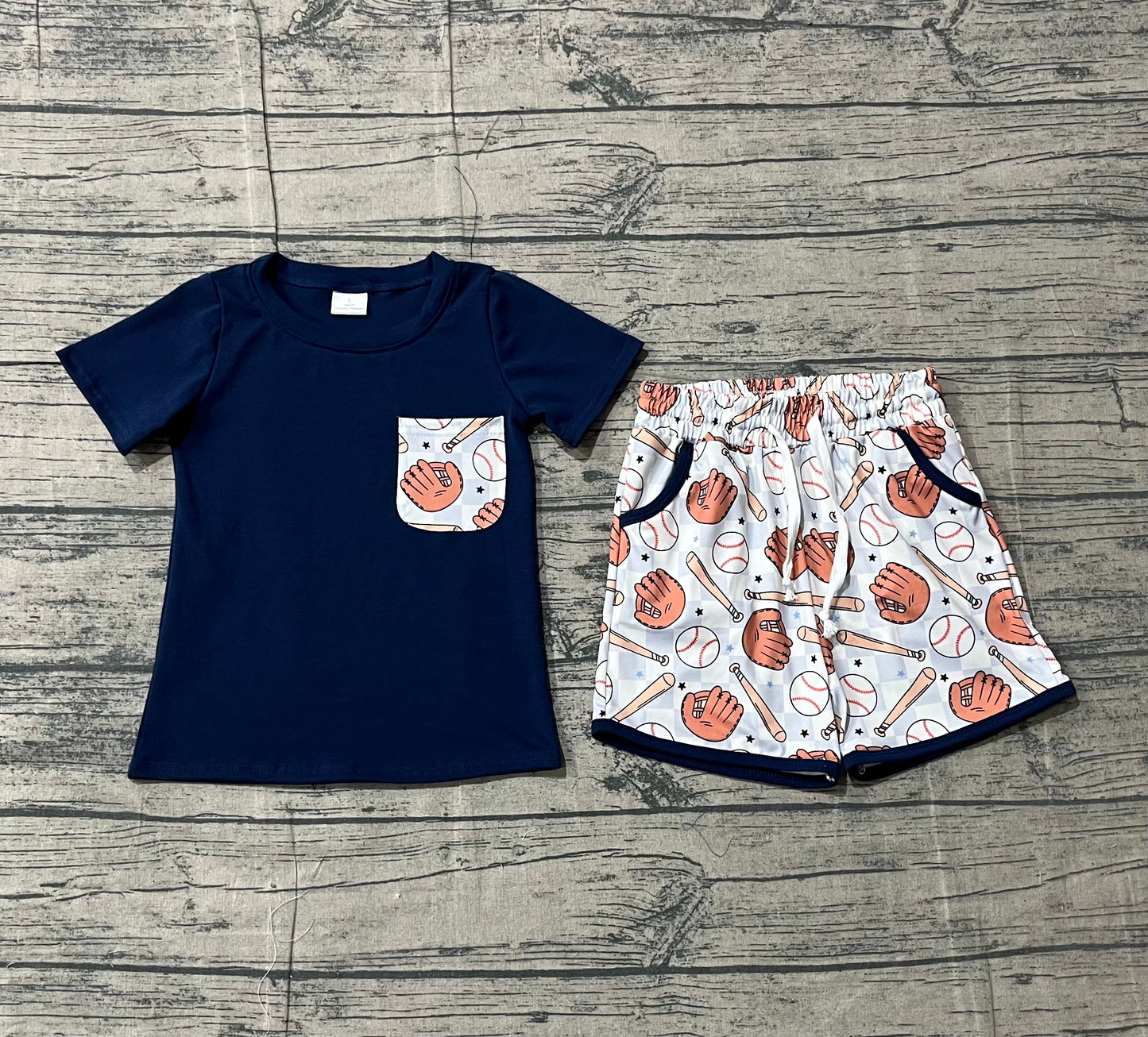 Baby Boys Short Sleeves Navy Shirt Baseball Pockets Shorts Clothes Set RTS