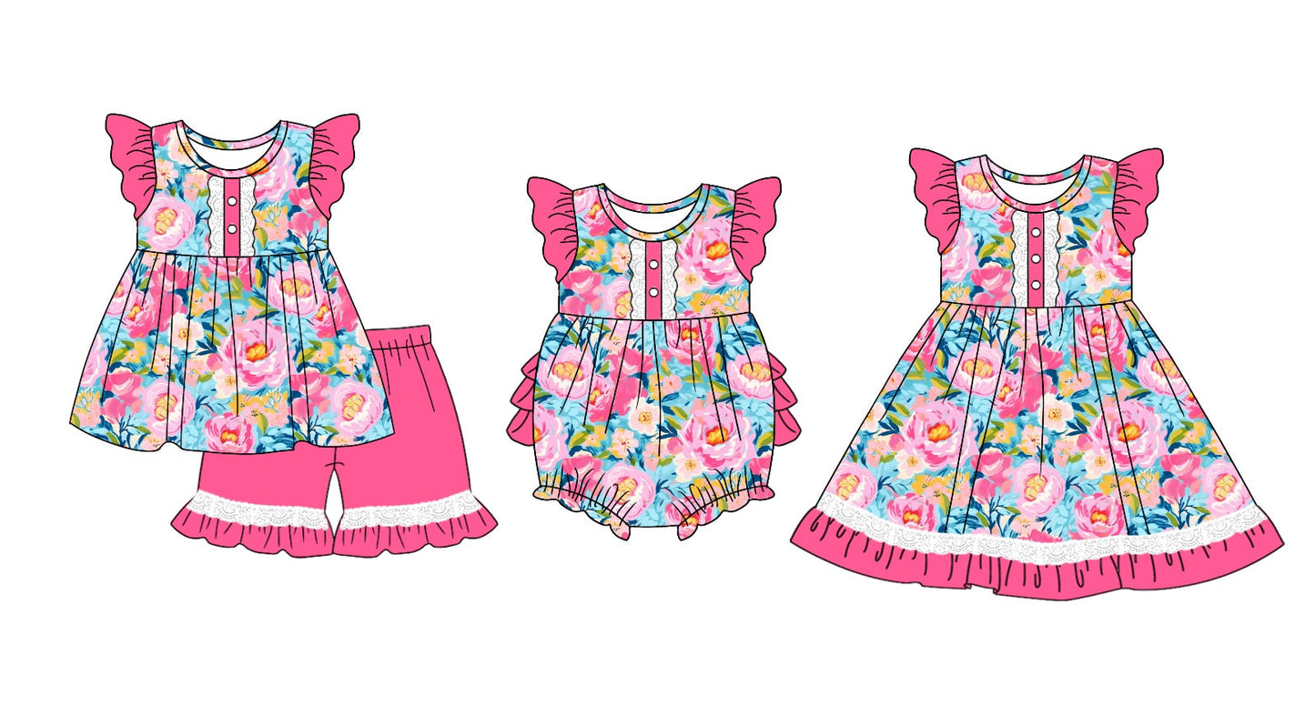 Baby Girl Short Sleeves Flower Sibling Ruffle Dress Romper Clothes Set Moq 5 Each Style