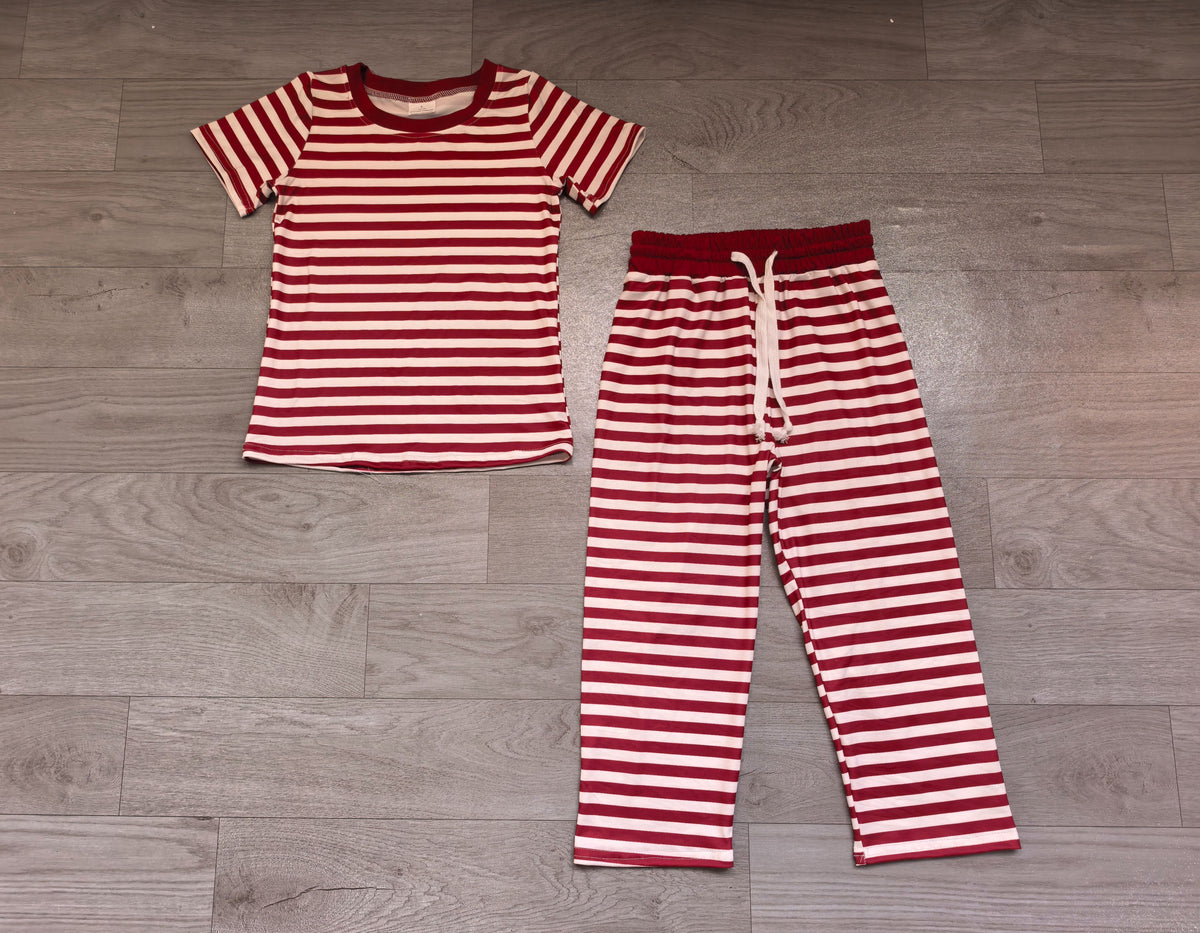 ( No moq ) Preorder Baby Girls Kids Short Sleeves Dark Red Stripes Shirt Pants Pajamas Set Clothes