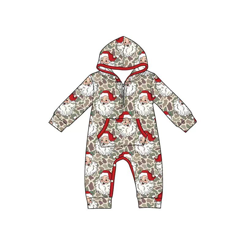 ( Moq 5 ) Preorder Baby Boys Infant Santa Christmas Zipper Hoodie Pocket Romper Camo Clothes
