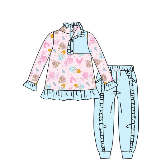 Baby Girl Long Sleeves Cartoon Princess Shirt Blue Pants Clothes Set Moq 5