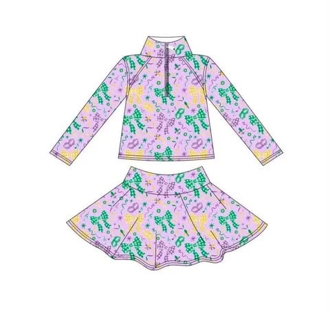 ( Moq 5 ) Preorder Baby Girls Kids Masks Bows Zip Shirt Skirt Shorts Set Mardi Gras Yoga Clothes