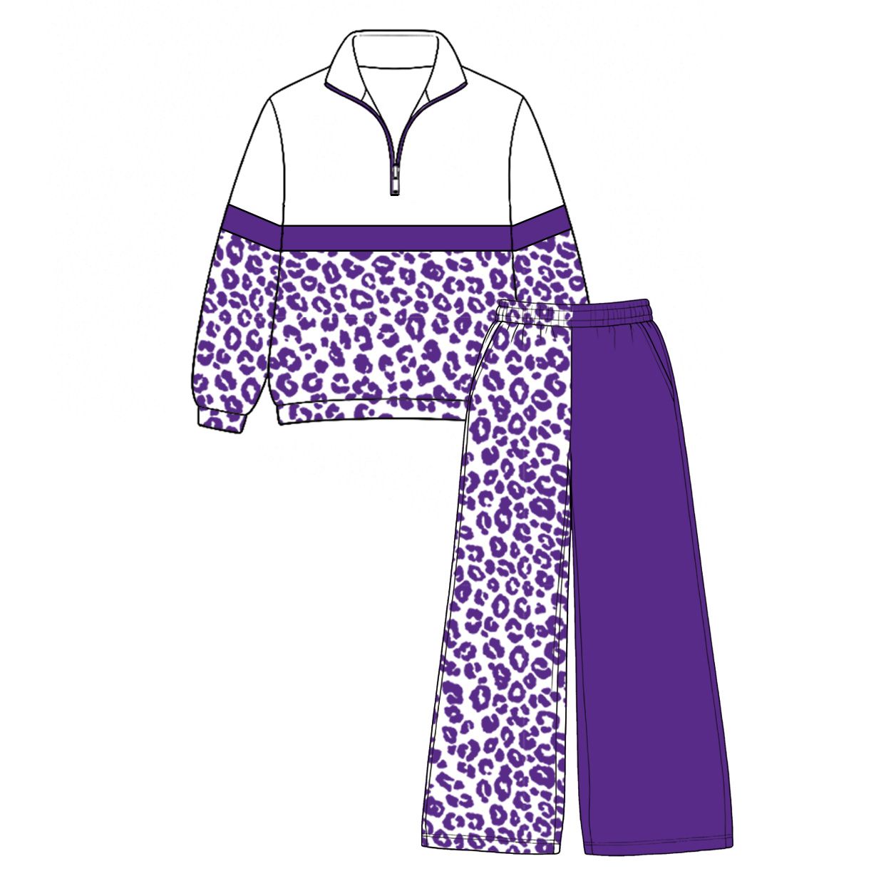 ( Moq 5 ) Preorder Baby Girls Kids Long Sleeves Zipper Leopard Pullover Purple Pockets Pants Set Clothes