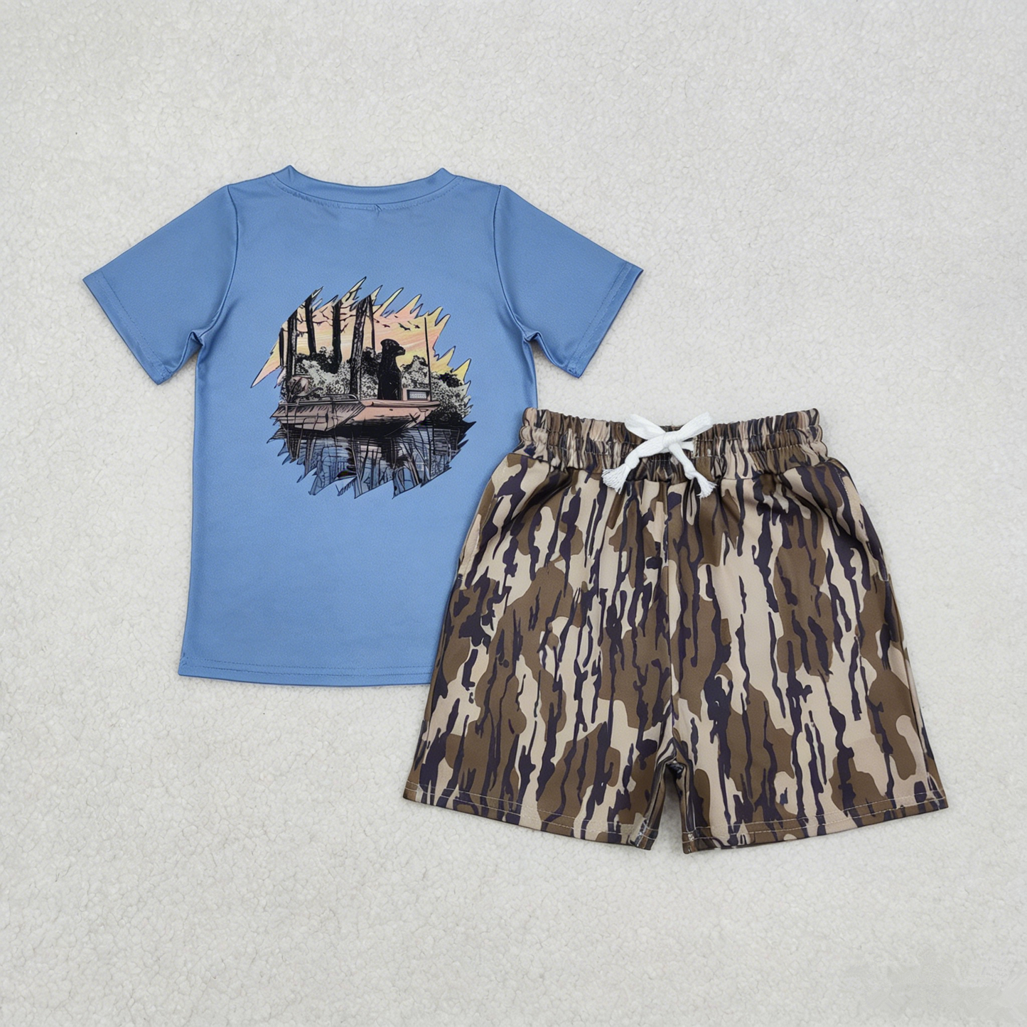 Baby Boys Kids Blue Short Sleeves Dogs Shirt Camo Pockets Shorts Fishing Clothes Set RTS