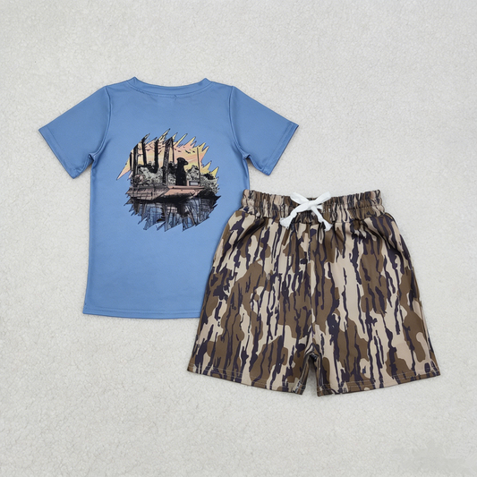 Baby Boys Kids Blue Short Sleeves Dogs Shirt Camo Pockets Shorts Fishing Clothes Set RTS