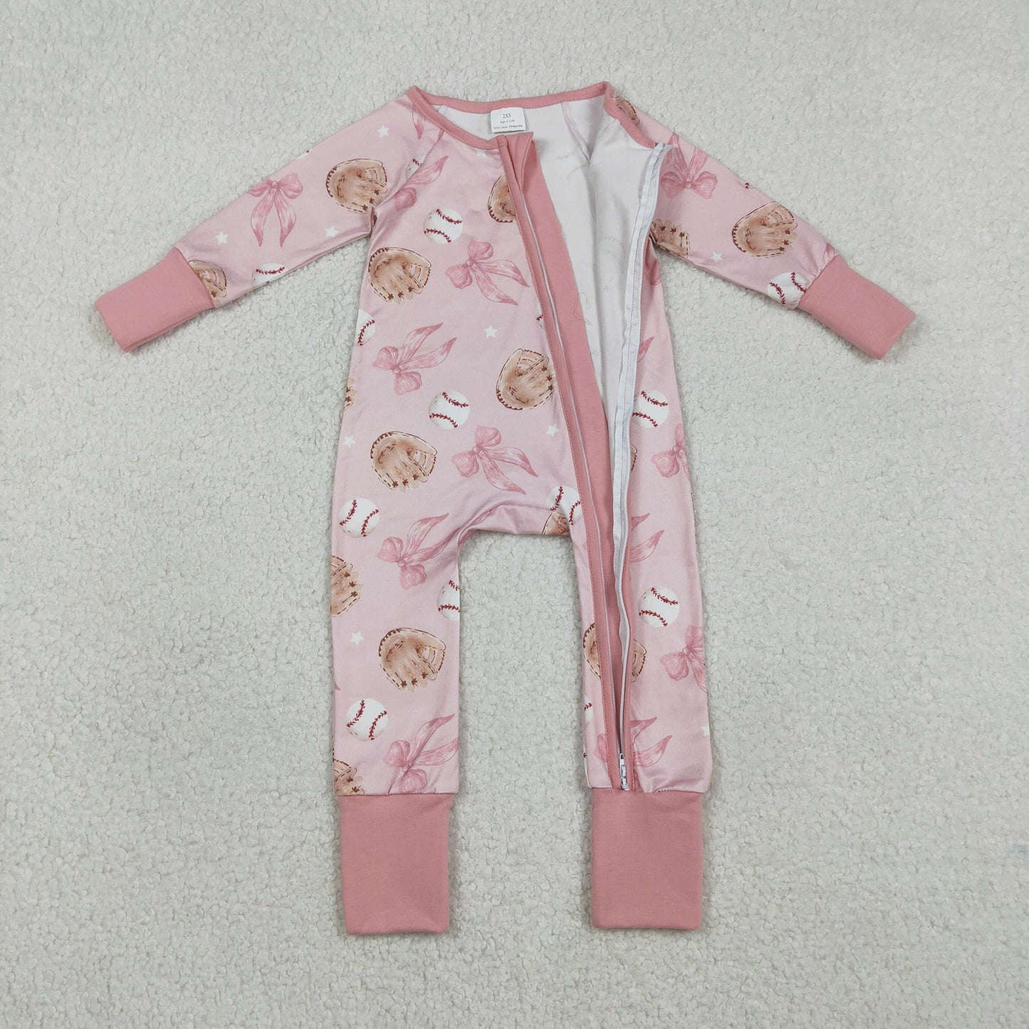 Baby Girls Long Sleeves Baseballs Bows Zipper Sleeper Pink Romper RTS
