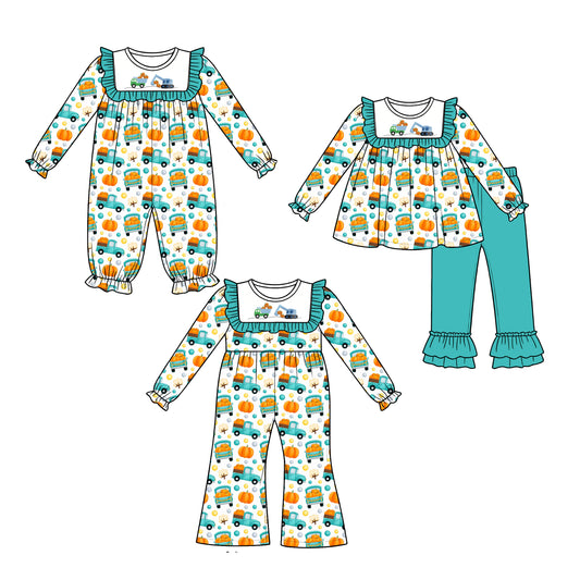( Moq 5 Each Style ) Sibling Baby Girls Kids Pumpkins Trucks Fall Romper Dress Set Clothes