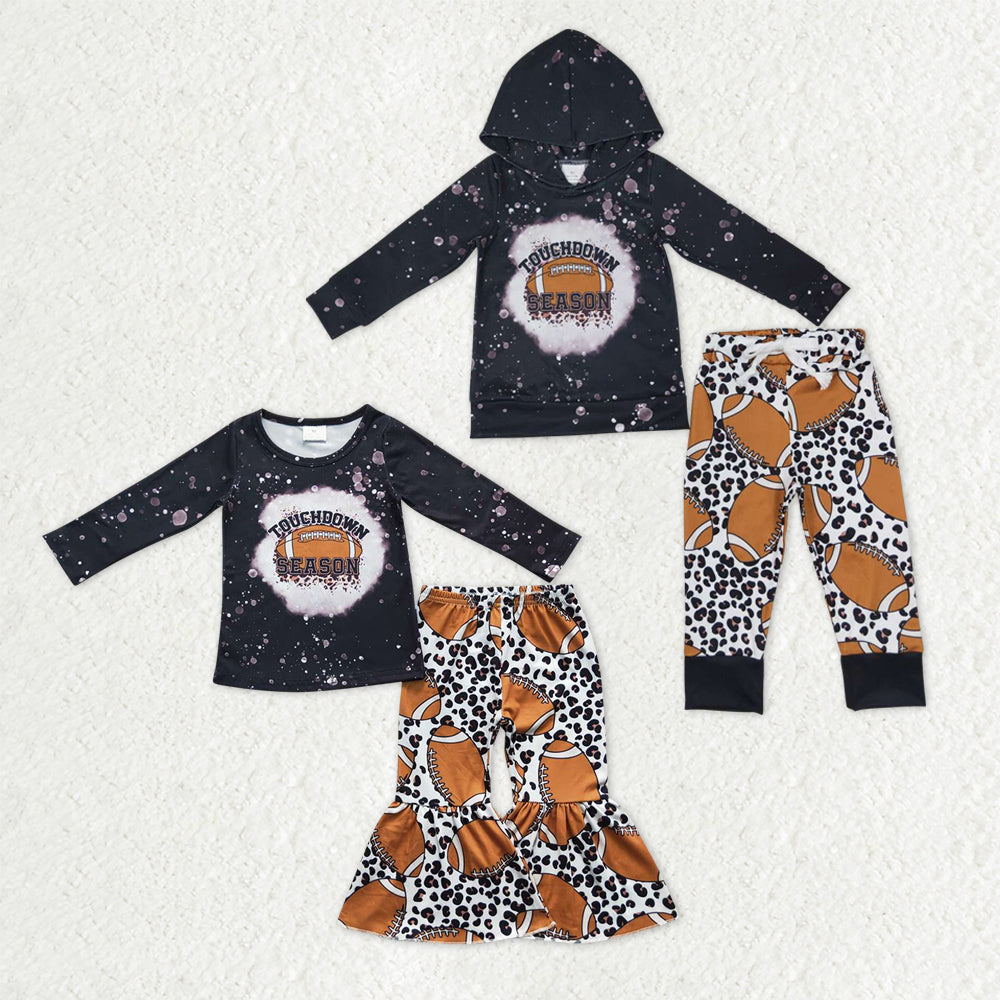 Sibling Baby Boys Boys Girls Long Sleeves Black Tops Football Pants Clothes Sets RTS