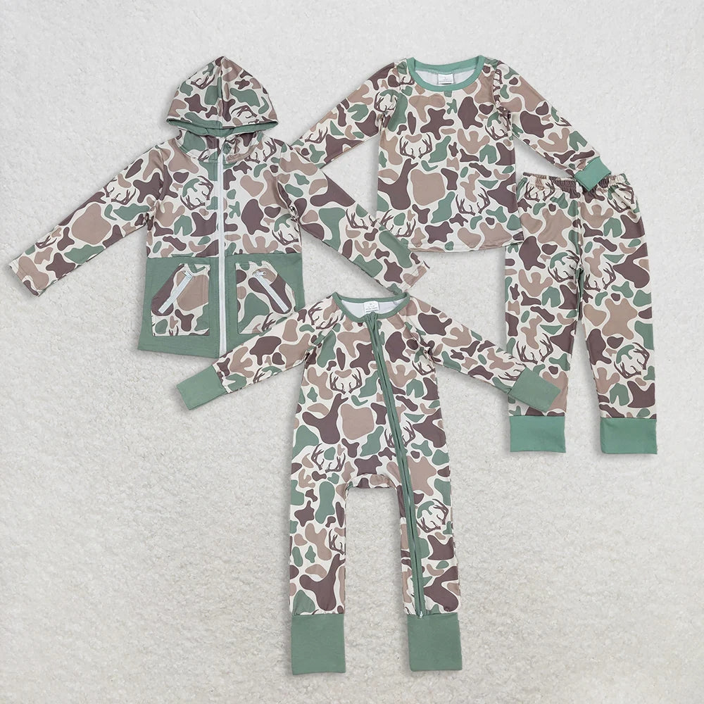 Sibling Baby Boy Long Sleeves Deer Camo Hoodie Jacket Zipper Romper Pajamas Set RTS