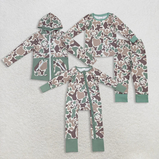 Sibling Baby Boy Long Sleeves Deer Camo Hoodie Jacket Zipper Romper Pajamas Set RTS