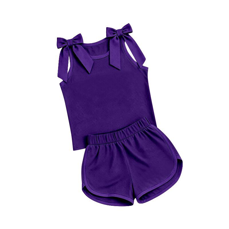 ( Moq 5 ) Preorder Baby Girls Kids Sleeveless Bows Shirt Shorts Purple Set Summer Clothes
